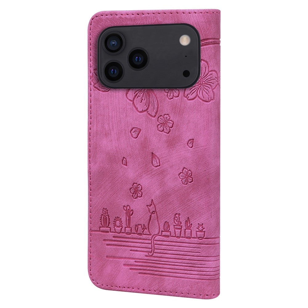 For iPhone 17 Pro Max Case Cherry Blossom Cat Imprinted Leather Phone Cover with Wrist Strap - Rose