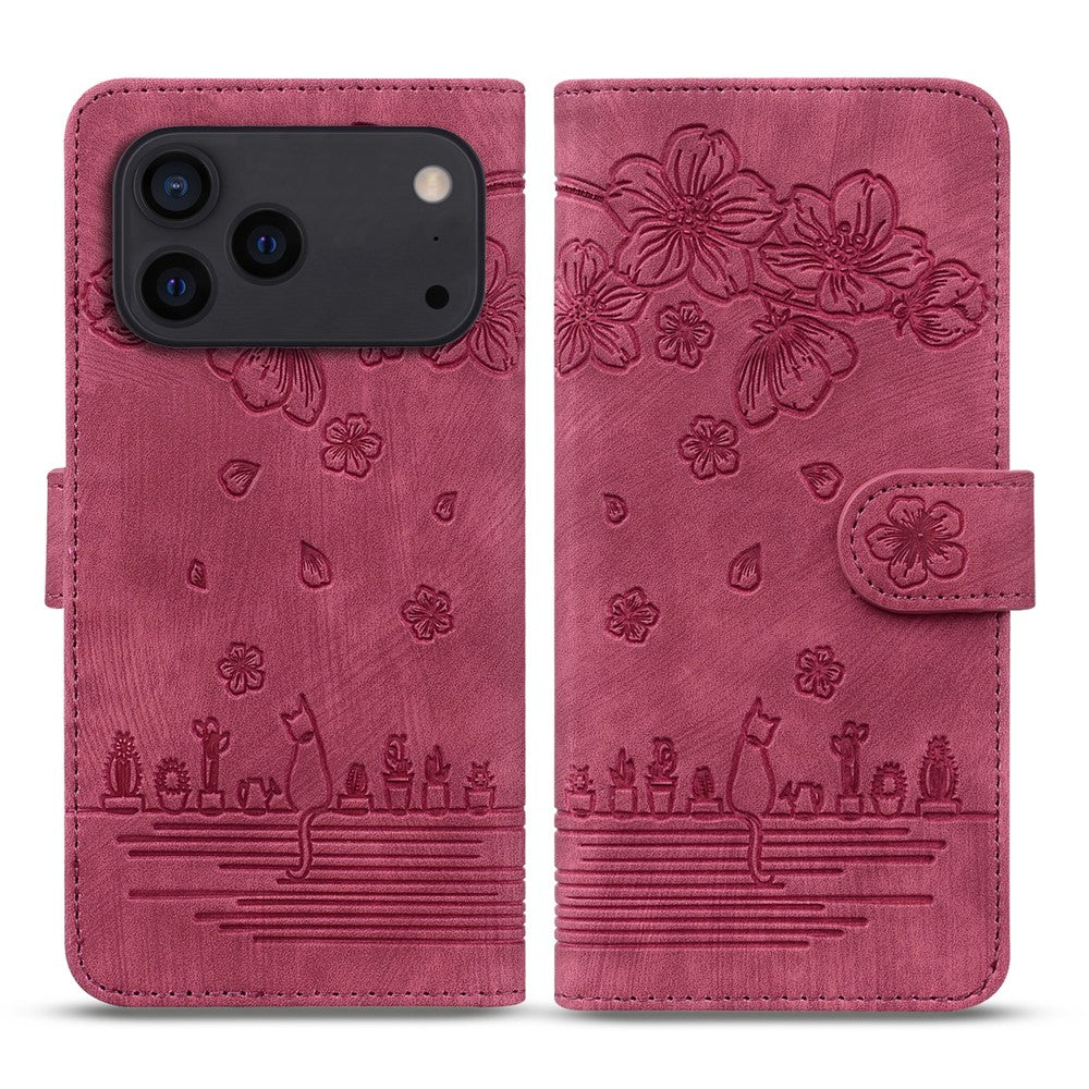 For iPhone 17 Pro Max Case Cherry Blossom Cat Imprinted Leather Phone Cover with Wrist Strap - Red