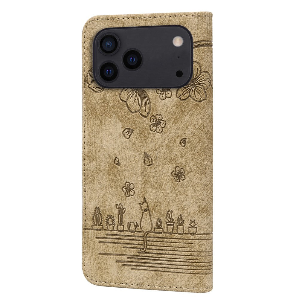 For iPhone 17 Pro Max Case Cherry Blossom Cat Imprinted Leather Phone Cover with Wrist Strap - Brown