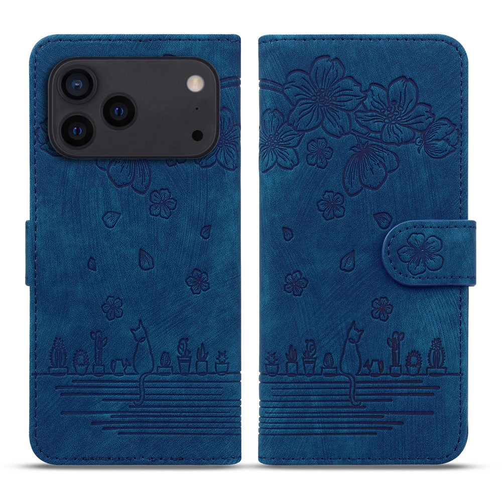 For iPhone 17 Pro Max Case Cherry Blossom Cat Imprinted Leather Phone Cover with Wrist Strap - Blue