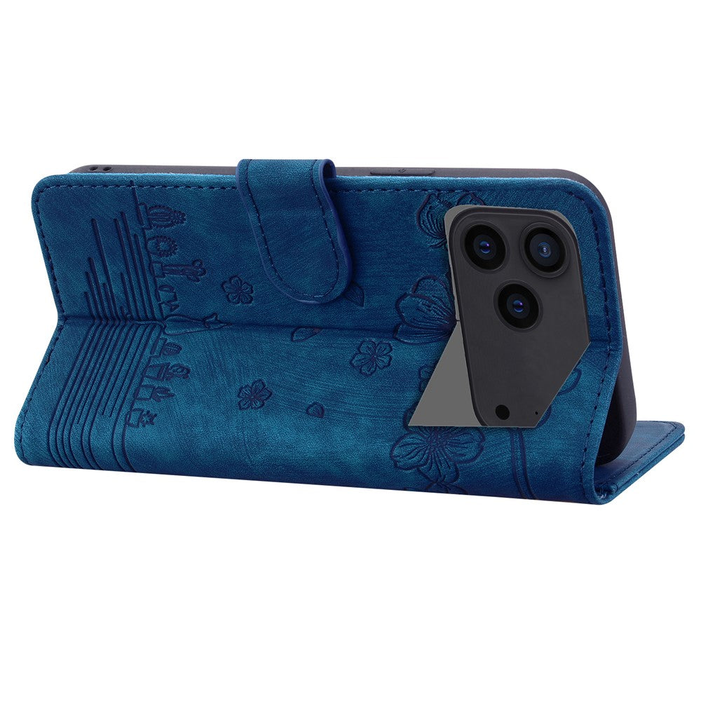 For iPhone 17 Pro Max Case Cherry Blossom Cat Imprinted Leather Phone Cover with Wrist Strap - Blue