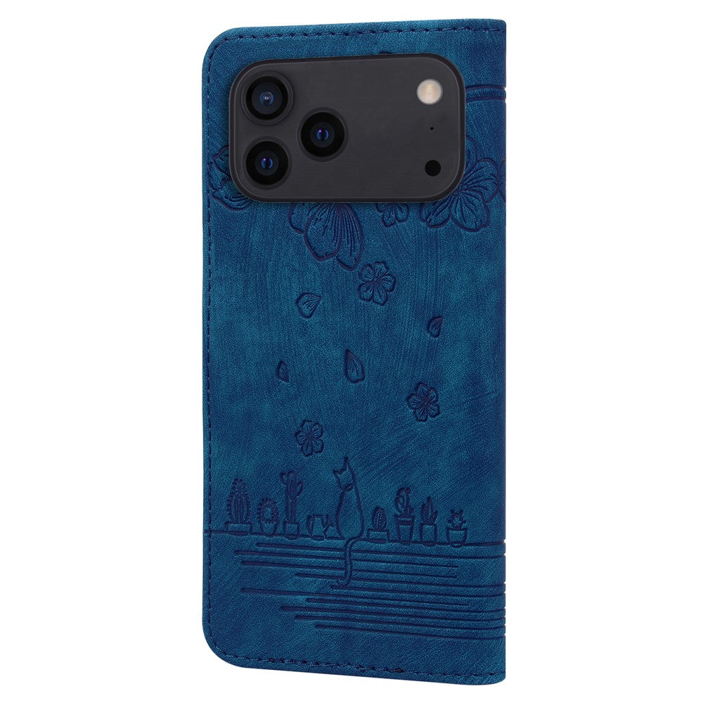 For iPhone 17 Pro Max Case Cherry Blossom Cat Imprinted Leather Phone Cover with Wrist Strap - Blue