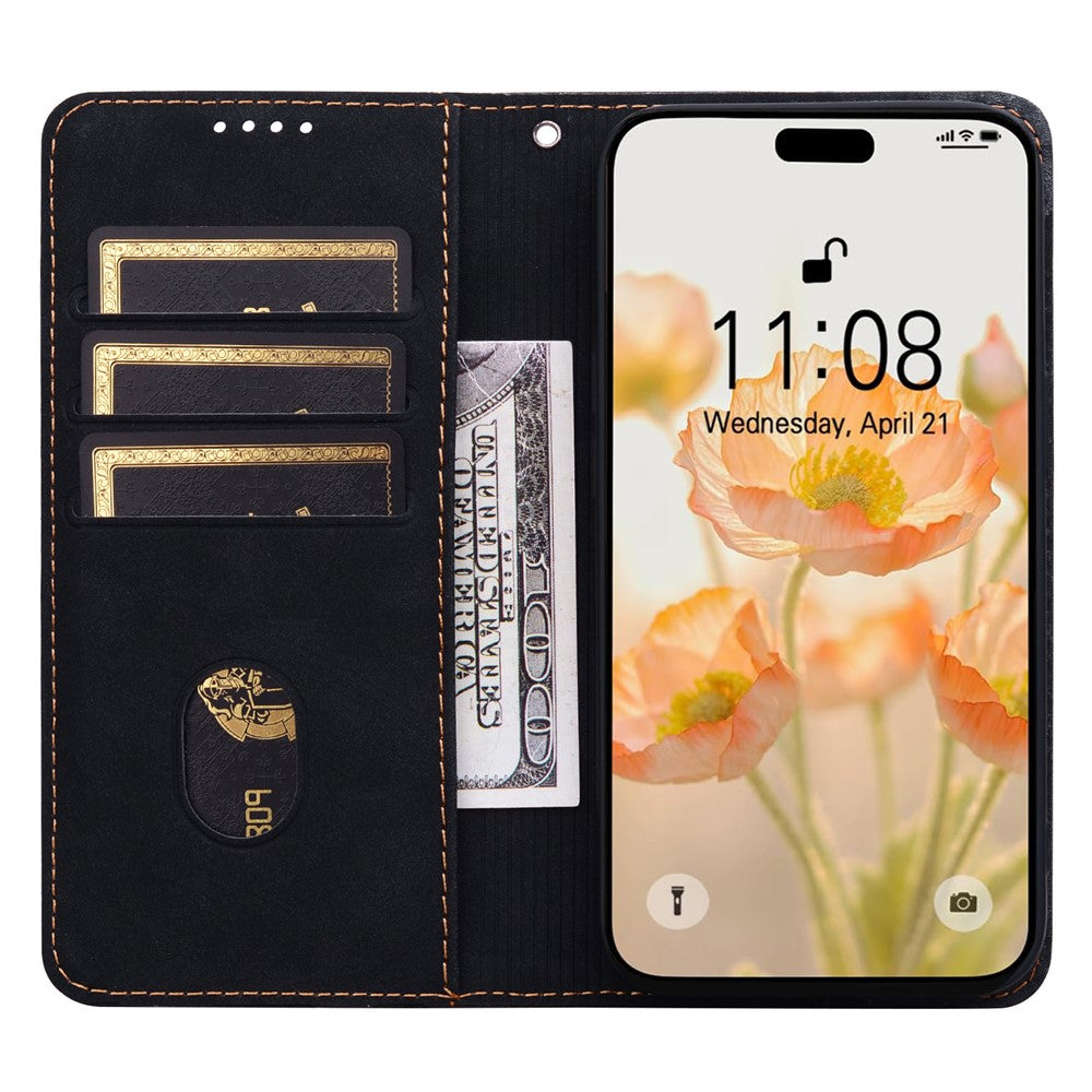 For iPhone 17 Pro Max Case Lines Pattern Wallet Leather Phone Cover with Strap - Black