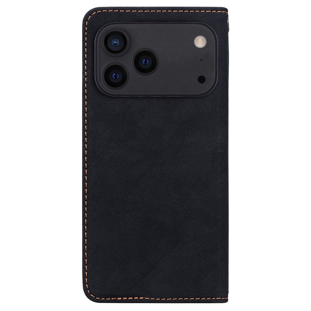 For iPhone 17 Pro Max Case Lines Pattern Wallet Leather Phone Cover with Strap - Black