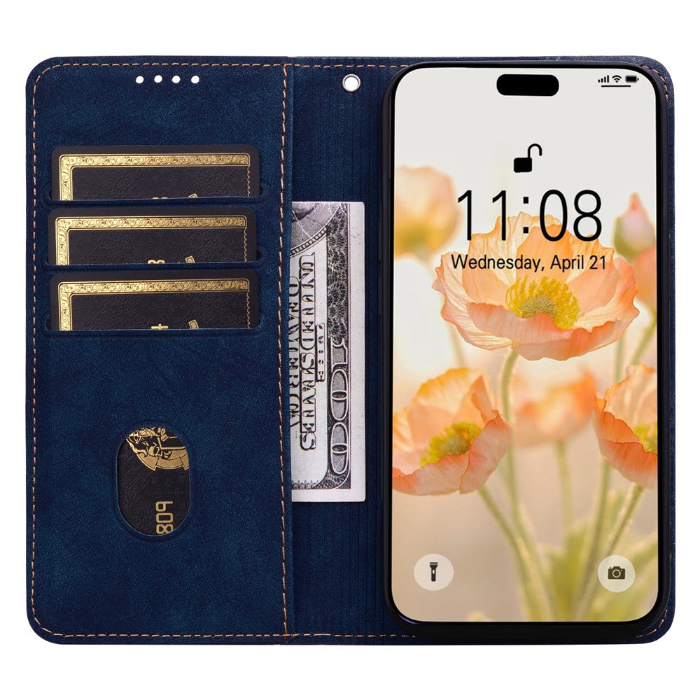 For iPhone 17 Pro Max Case Lines Pattern Wallet Leather Phone Cover with Strap - Blue