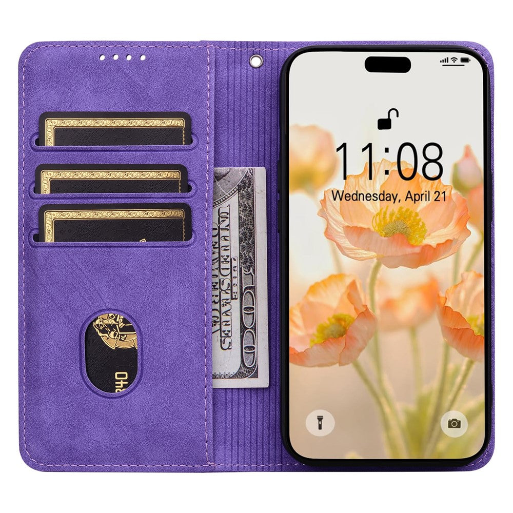 For iPhone 17 Pro Max Case Lines Pattern Wallet Leather Phone Cover with Strap - Purple
