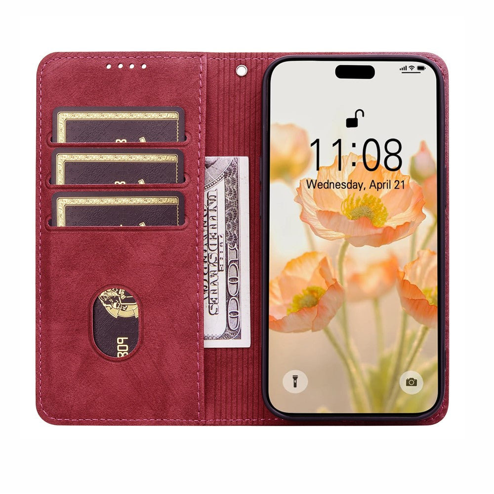 For iPhone 17 Pro Max Case Lines Pattern Wallet Leather Phone Cover with Strap - Red
