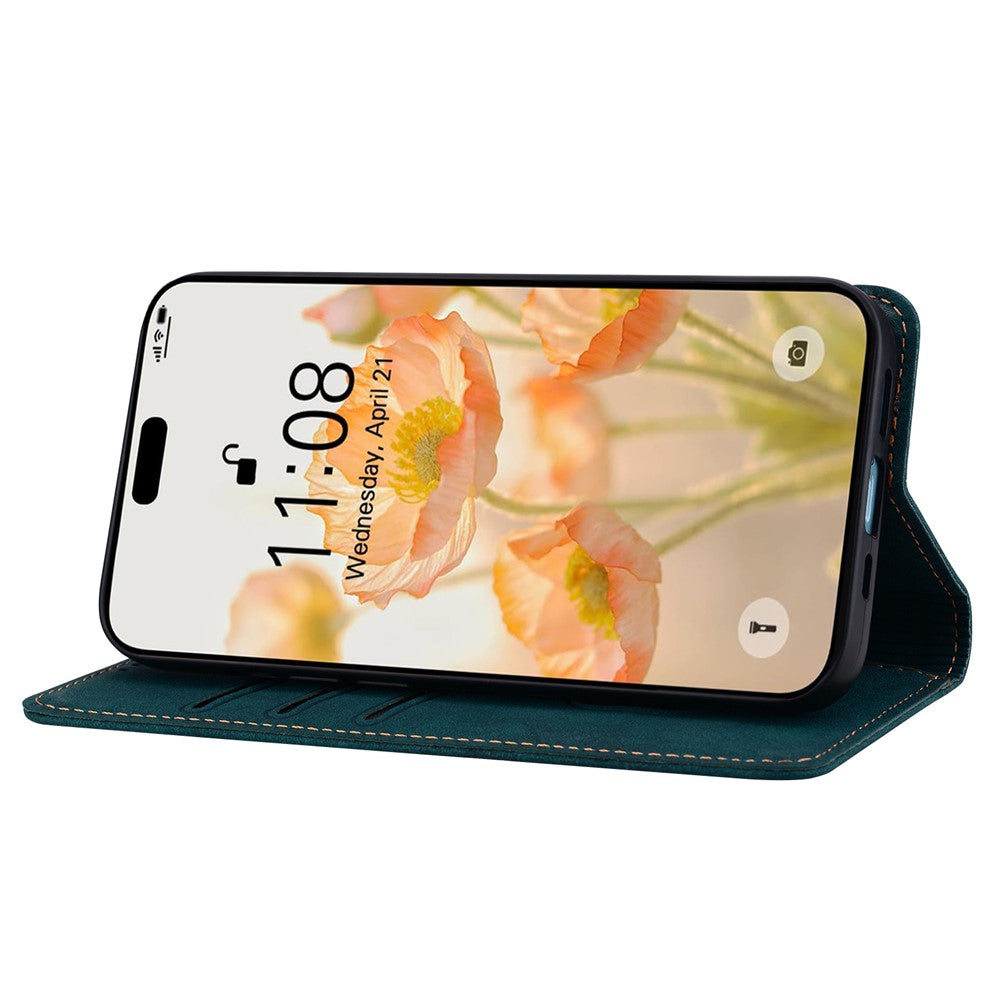 For iPhone 17 Pro Max Case Lines Pattern Wallet Leather Phone Cover with Strap - Green