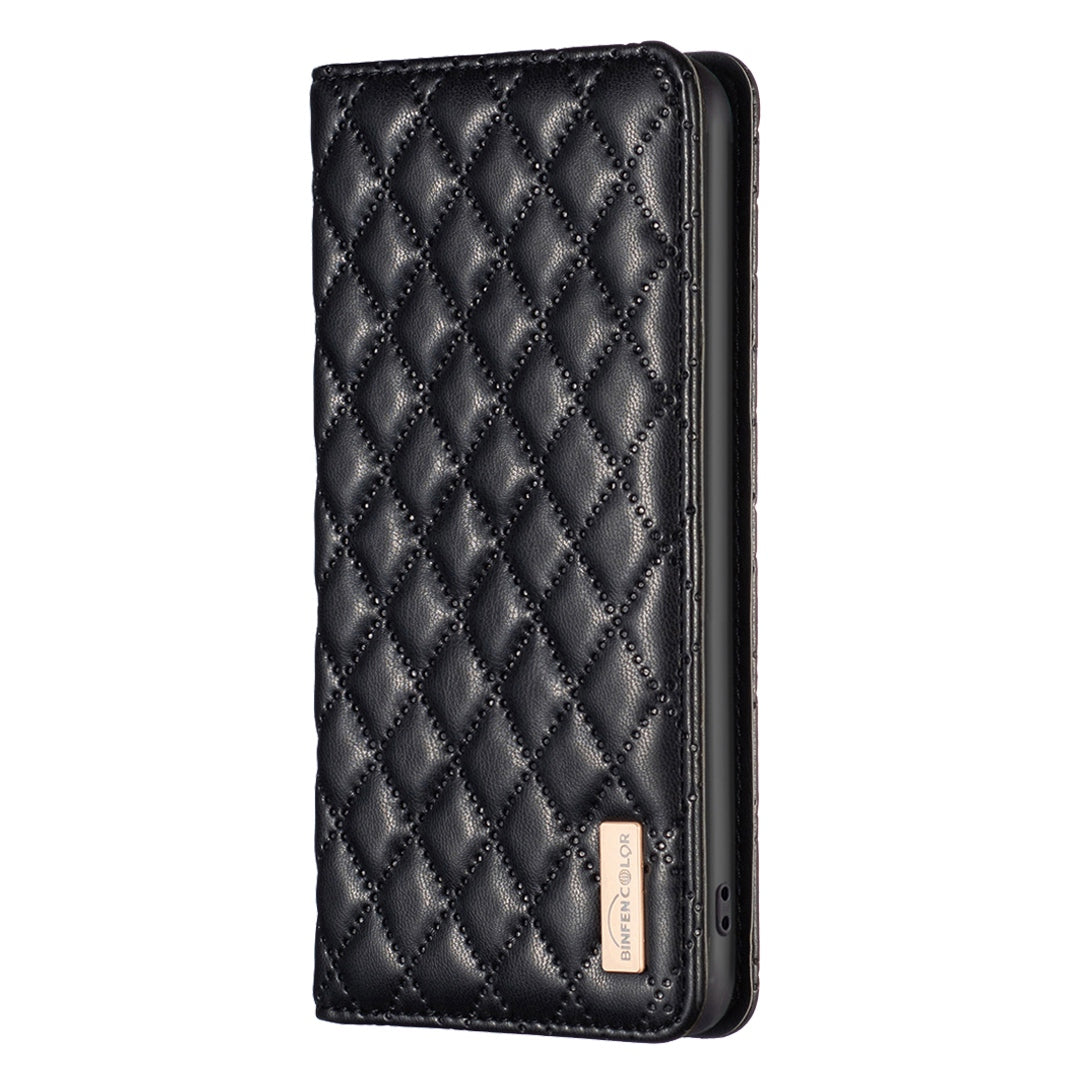 BINFEN COLOR BF Style-16 For Samsung Galaxy S20 FE 5G / S20 FE / S20 FE 2022 / S20 Lite Card Holder Stand PU Leather Case Rhombus Imprinted Protective Phone Cover - Black