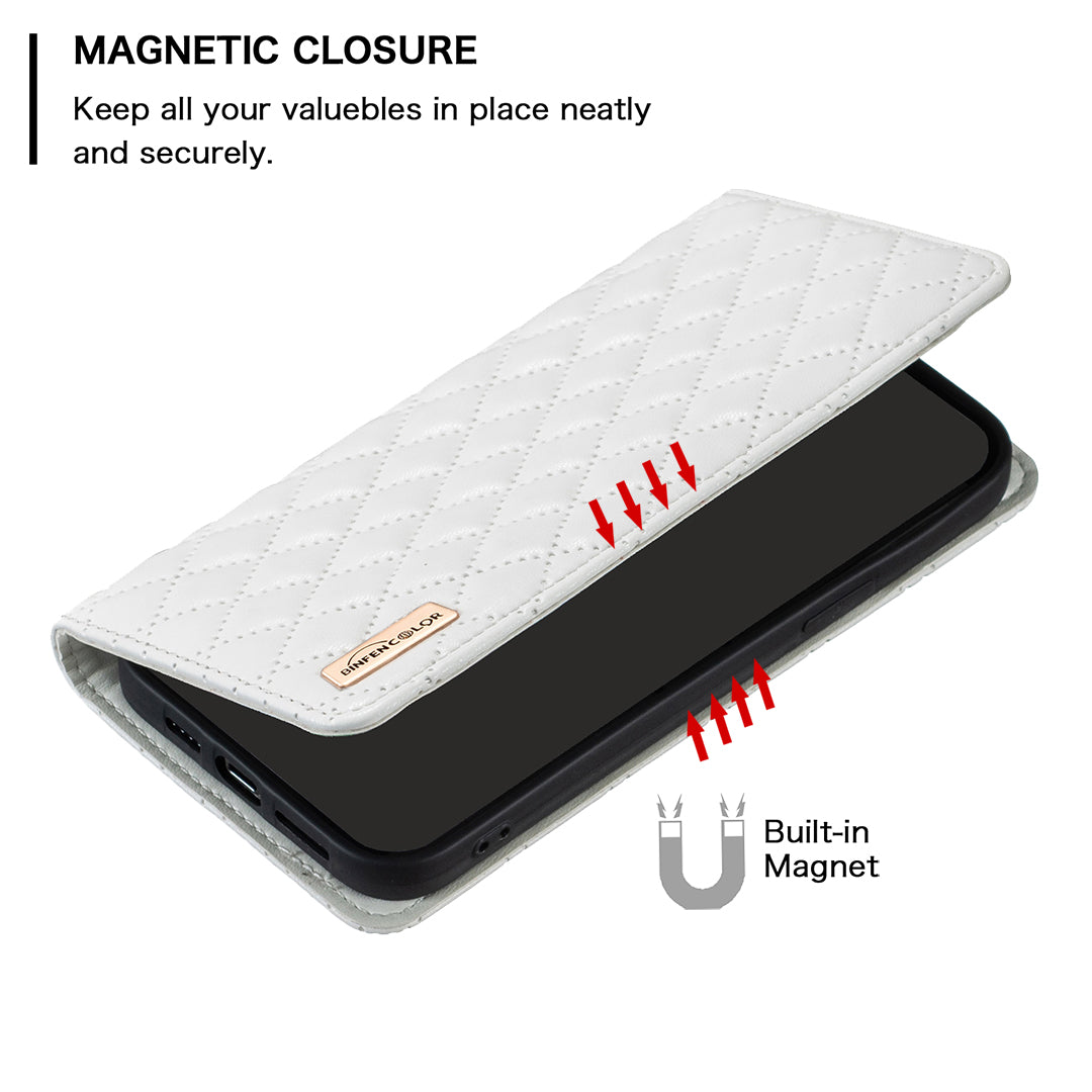 BINFEN COLOR BF Style-16 For Samsung Galaxy S20 FE 5G / S20 FE / S20 FE 2022 / S20 Lite Card Holder Stand PU Leather Case Rhombus Imprinted Protective Phone Cover - White