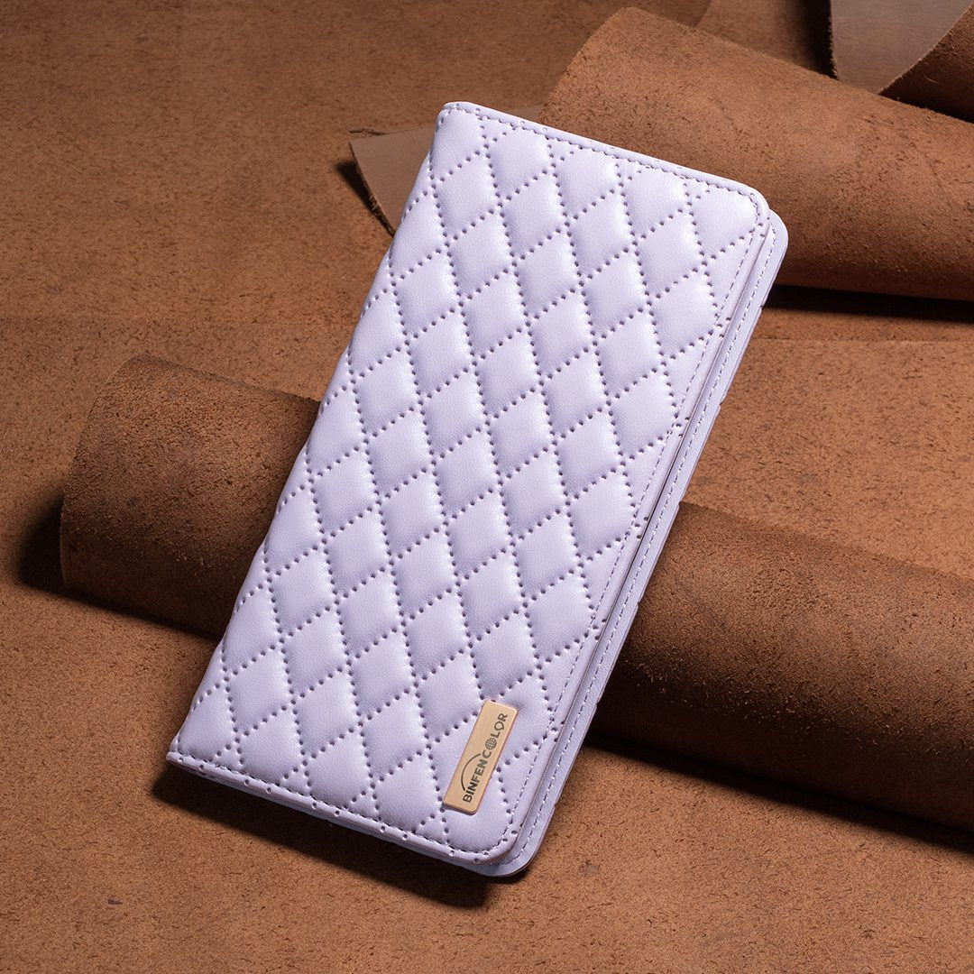 BINFEN COLOR BF Style-16 For Samsung Galaxy S20 FE 5G / S20 FE / S20 FE 2022 / S20 Lite Card Holder Stand PU Leather Case Rhombus Imprinted Protective Phone Cover - Purple