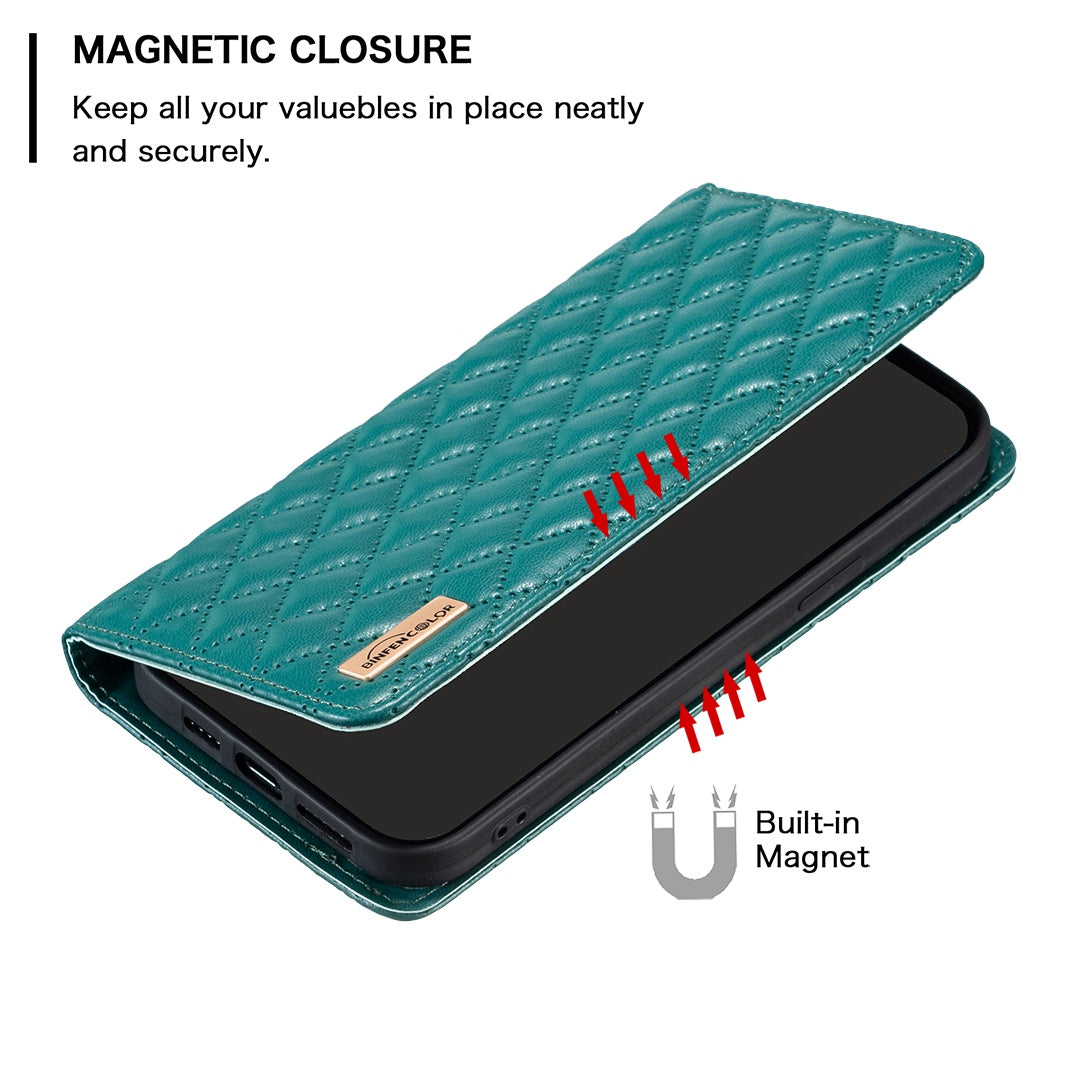 BINFEN COLOR BF Style-16 For Samsung Galaxy S20 Ultra PU Leather Card Holder Phone Case Rhombus Imprinted Magnetic Auto Closing Stand Cover - Green