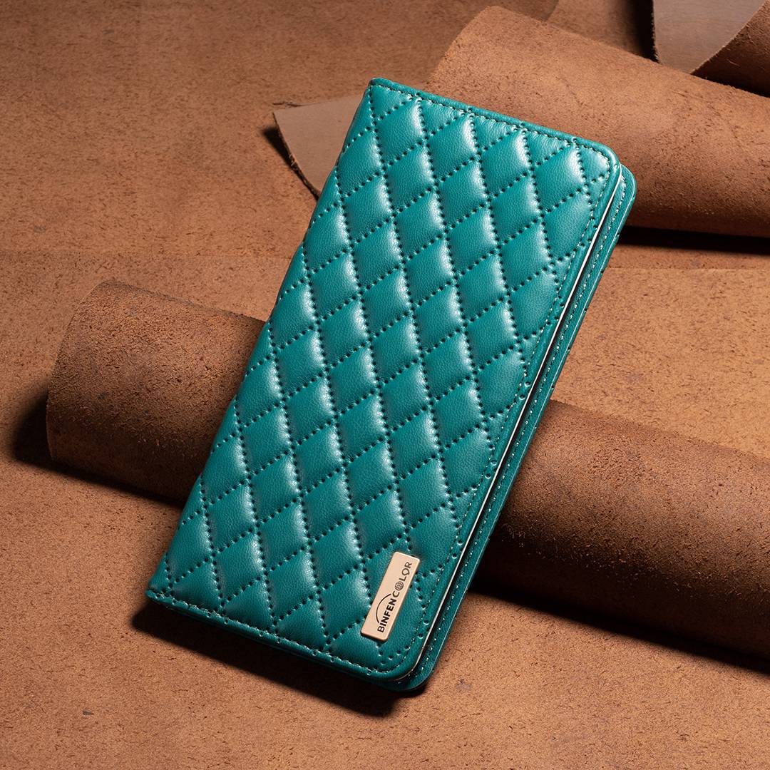 BINFEN COLOR BF Style-16 For Samsung Galaxy S20 Ultra PU Leather Card Holder Phone Case Rhombus Imprinted Magnetic Auto Closing Stand Cover - Green
