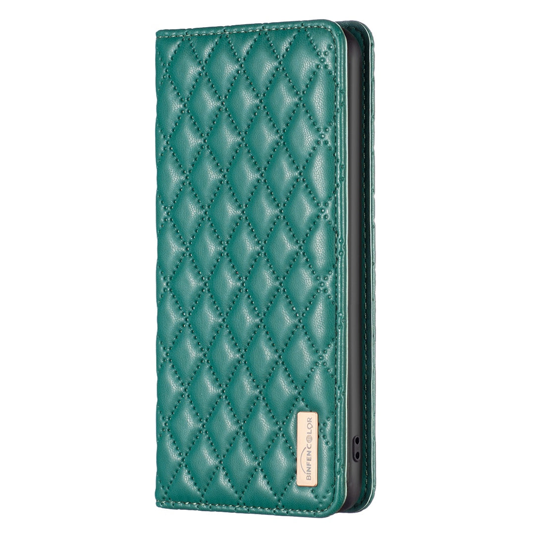 BINFEN COLOR BF Style-16 For Samsung Galaxy S20 Ultra PU Leather Card Holder Phone Case Rhombus Imprinted Magnetic Auto Closing Stand Cover - Green