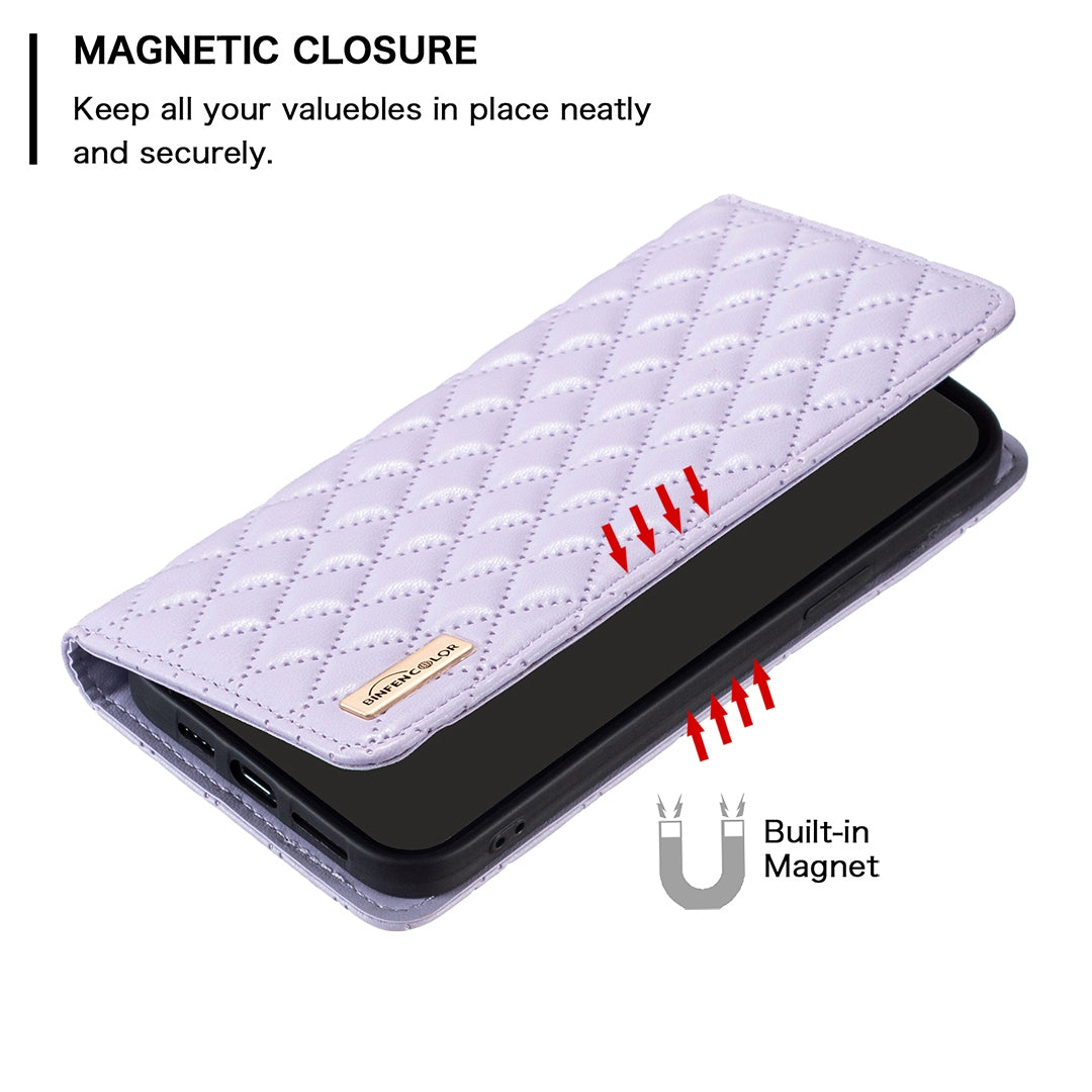 BINFEN COLOR BF Style-16 For Samsung Galaxy S20 Ultra PU Leather Card Holder Phone Case Rhombus Imprinted Magnetic Auto Closing Stand Cover - Purple