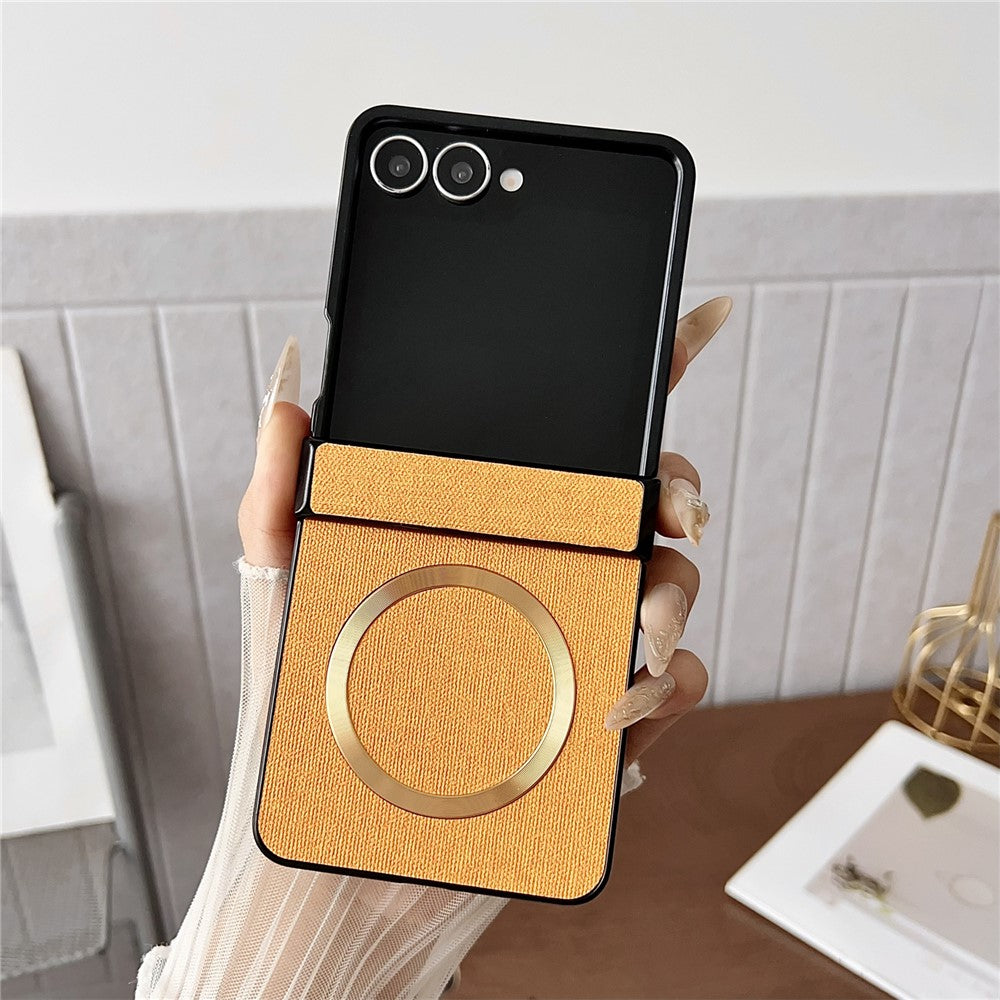 For Samsung Galaxy Z Flip7 5G Case Compatible with MagSafe Cloth Texture PU Leather + PC Phone Back Cover - Yellow