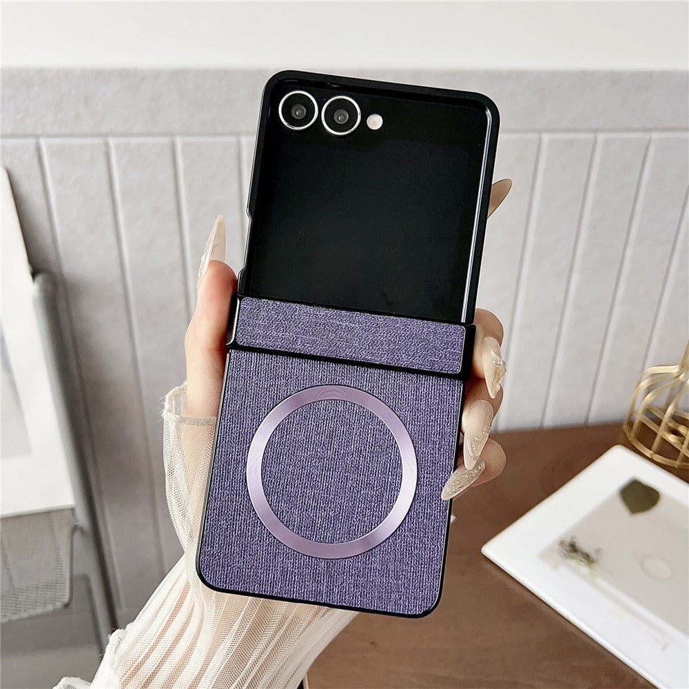 For Samsung Galaxy Z Flip7 5G Case Compatible with MagSafe Cloth Texture PU Leather + PC Phone Back Cover - Purple
