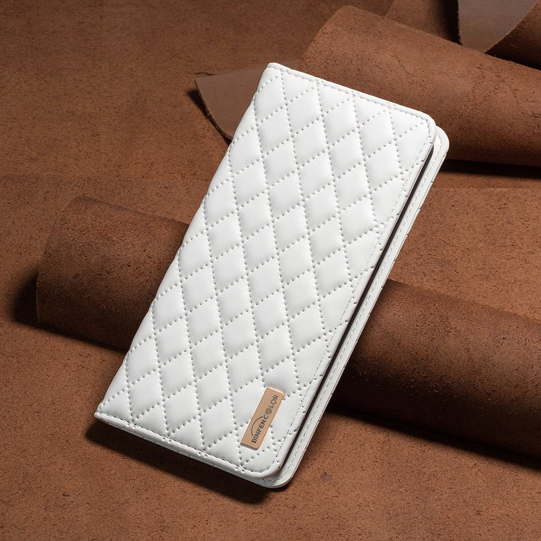 BINFEN COLOR BF Style-16 For Samsung Galaxy S20 4G / 5G Rhombus Imprinted PU Leather Stand Case Anti-scratch Card Holder Phone Cover - White