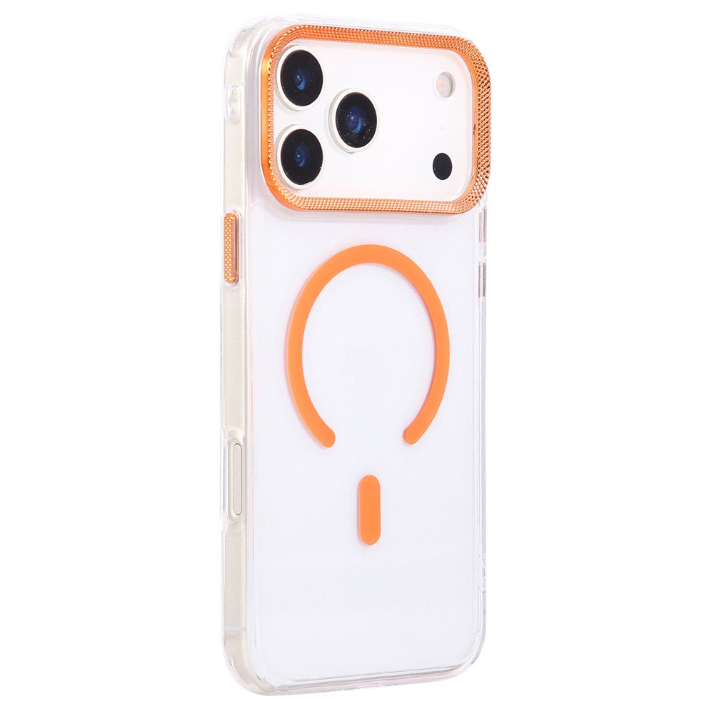 For iPhone 17 Pro Max Case Compatible with MagSafe PC + TPU Clear Phone Cover with Diamond Texture Lens Frame - Orange