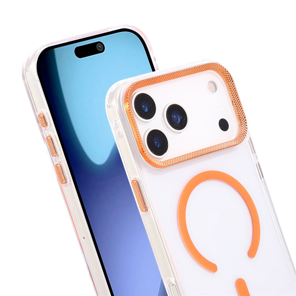 For iPhone 17 Pro Max Case Compatible with MagSafe PC + TPU Clear Phone Cover with Diamond Texture Lens Frame - Orange