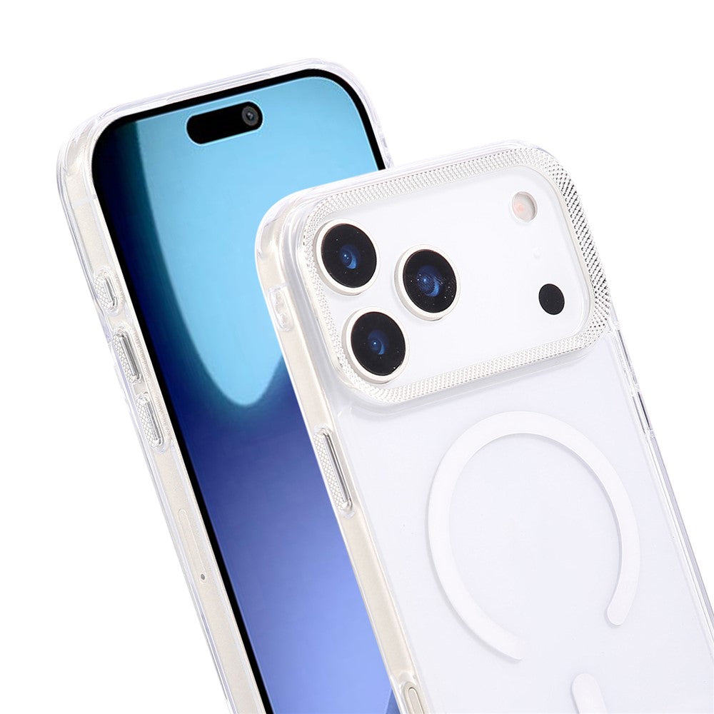 For iPhone 17 Pro Max Case Compatible with MagSafe PC + TPU Clear Phone Cover with Diamond Texture Lens Frame - White