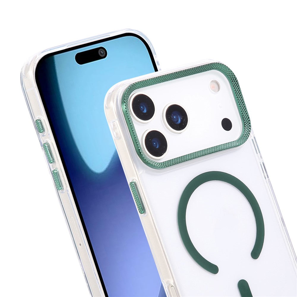 For iPhone 17 Pro Max Case Compatible with MagSafe PC + TPU Clear Phone Cover with Diamond Texture Lens Frame - Midnight Green