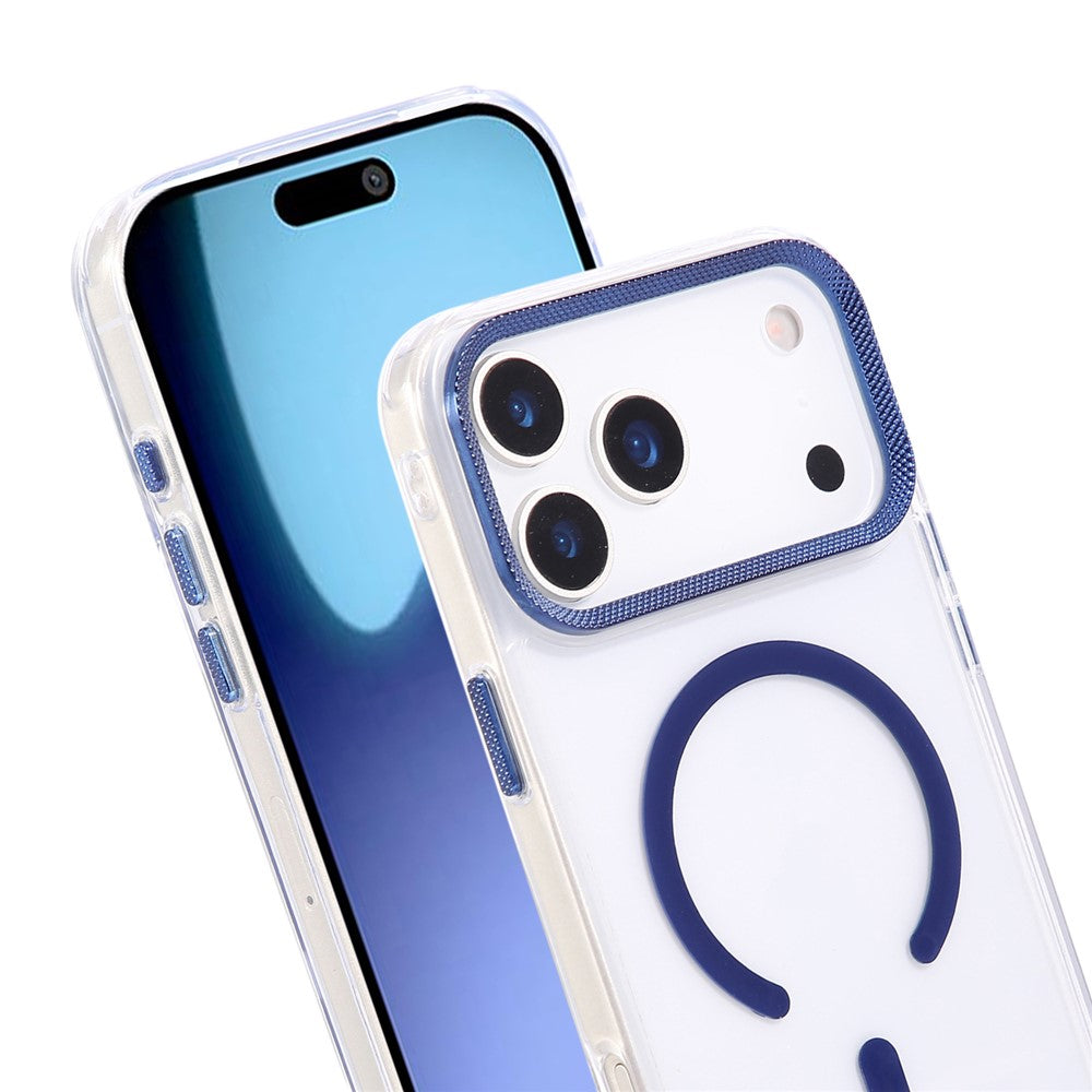 For iPhone 17 Pro Max Case Compatible with MagSafe PC + TPU Clear Phone Cover with Diamond Texture Lens Frame - Blue