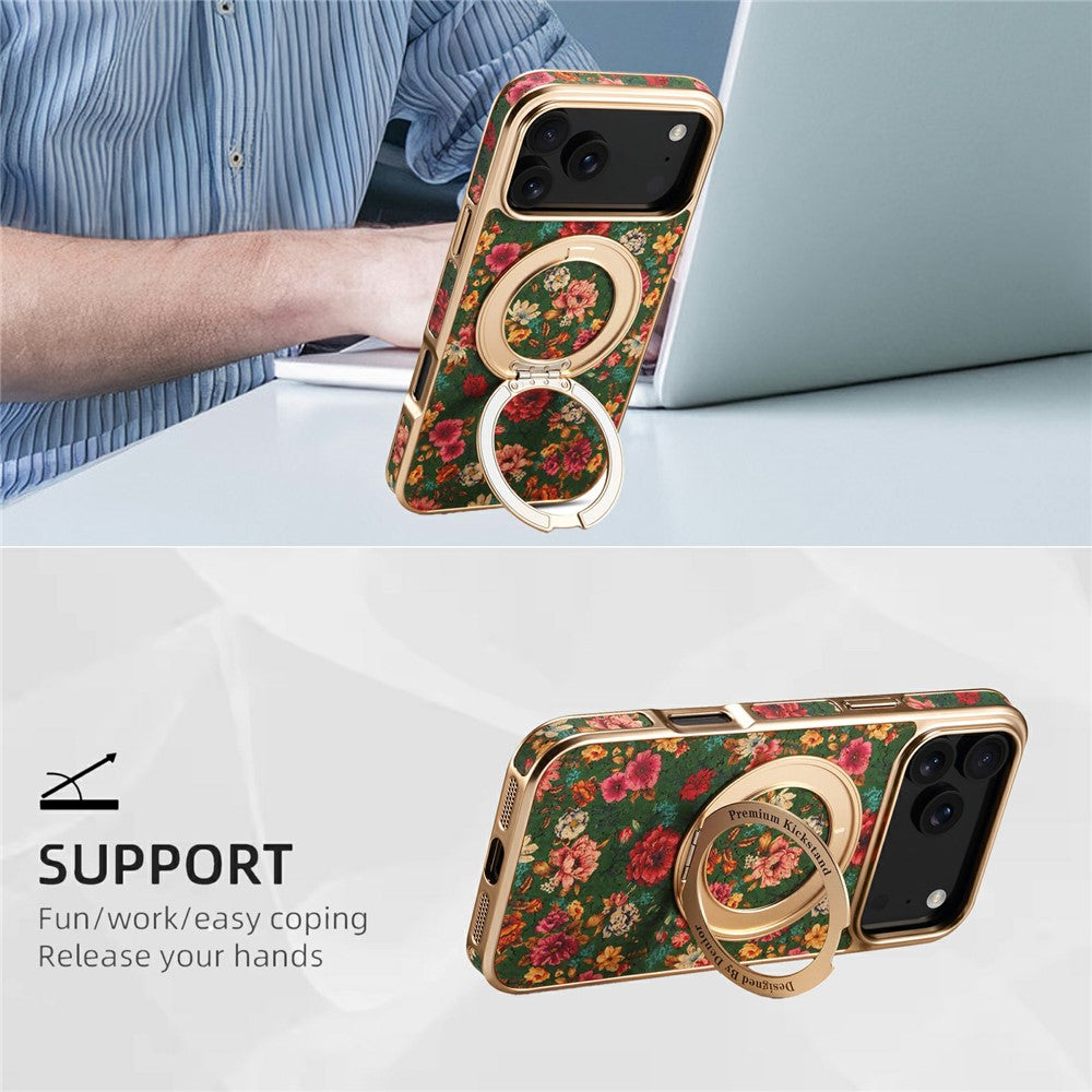 A22 For iPhone 17 Pro Max Case Compatible with MagSafe Kickstand Electroplated Floral Phone Cover - Green