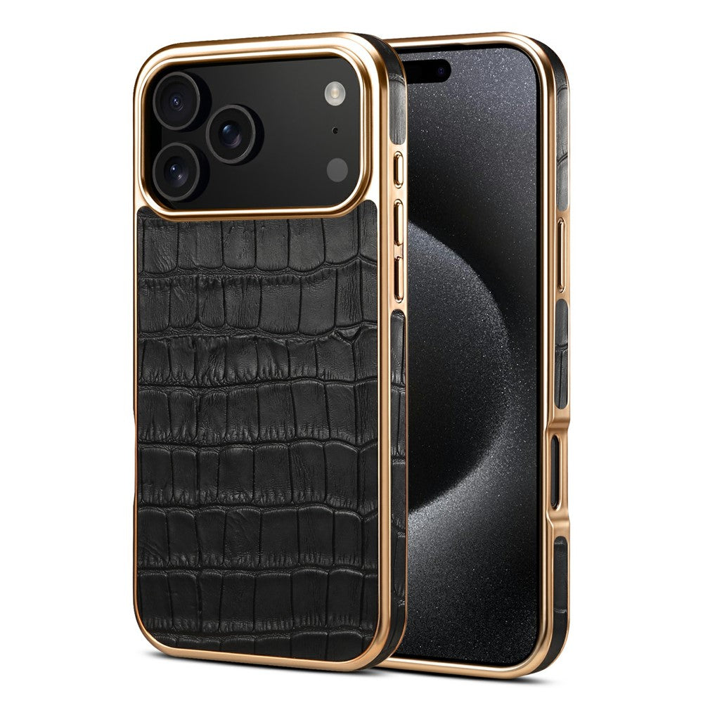 DENIOR For iPhone 17 Pro Max Case Genuine Cow Leather Crocodile Texture Electroplating Phone Cover - Black