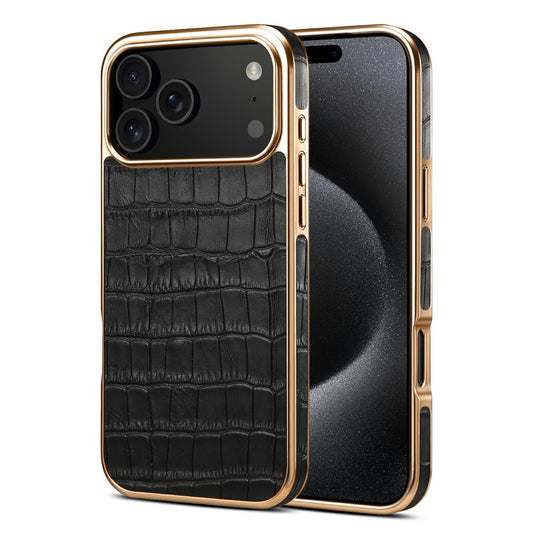 DENIOR For iPhone 17 Pro Max Case Genuine Cow Leather Crocodile Texture Electroplating Phone Cover - Black