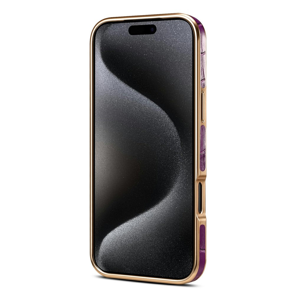 DENIOR For iPhone 17 Pro Max Case Genuine Cow Leather Crocodile Texture Electroplating Phone Cover - Black