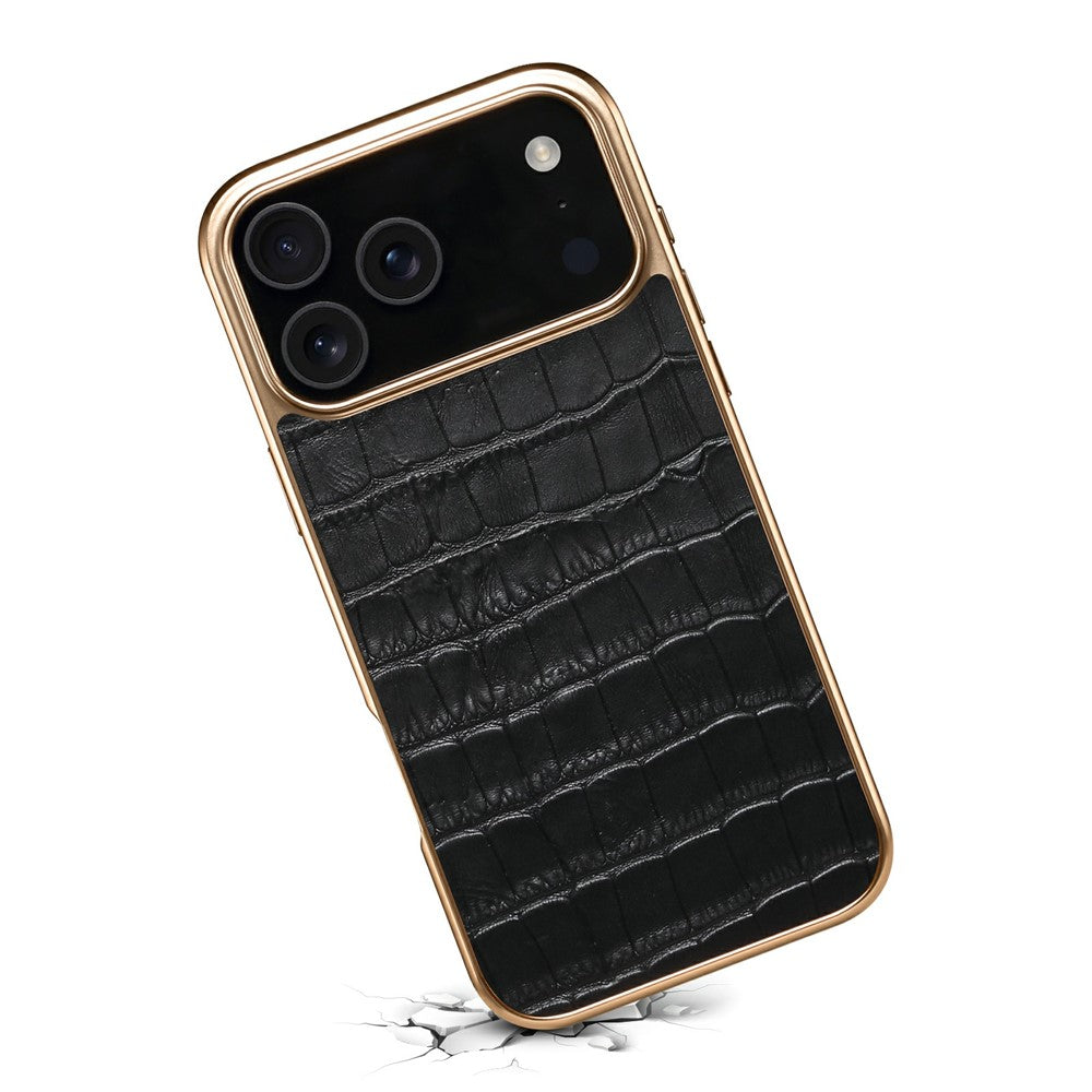 DENIOR For iPhone 17 Pro Max Case Genuine Cow Leather Crocodile Texture Electroplating Phone Cover - Black
