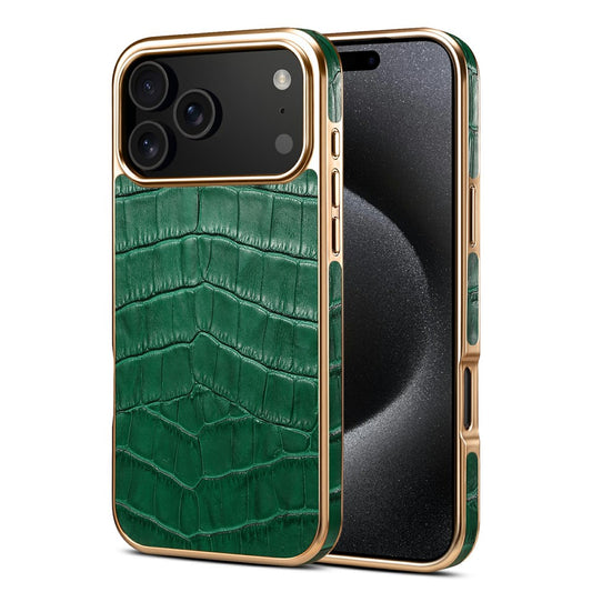 DENIOR For iPhone 17 Pro Max Case Genuine Cow Leather Crocodile Texture Electroplating Phone Cover - Green