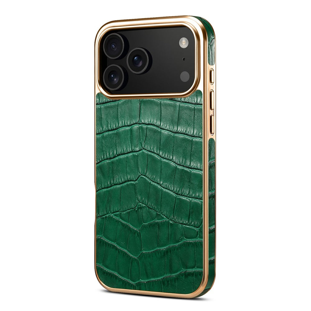 DENIOR For iPhone 17 Pro Max Case Genuine Cow Leather Crocodile Texture Electroplating Phone Cover - Green