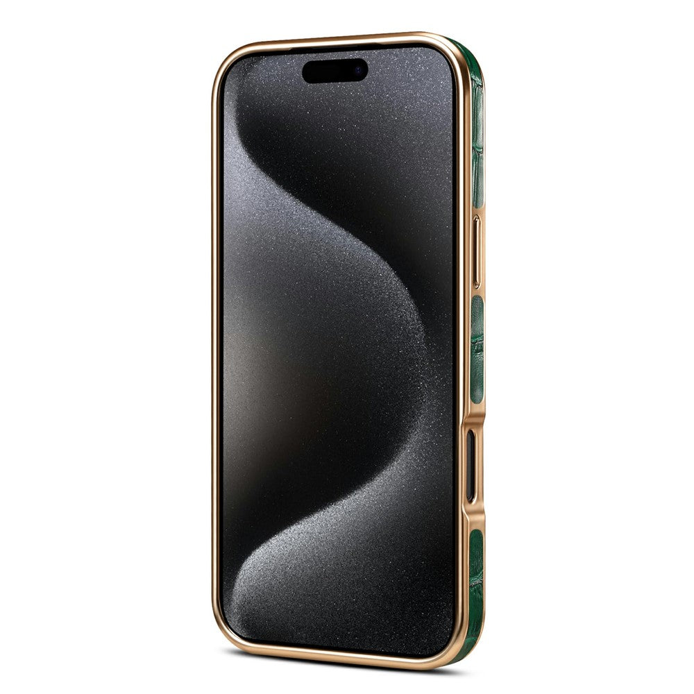 DENIOR For iPhone 17 Pro Max Case Genuine Cow Leather Crocodile Texture Electroplating Phone Cover - Green