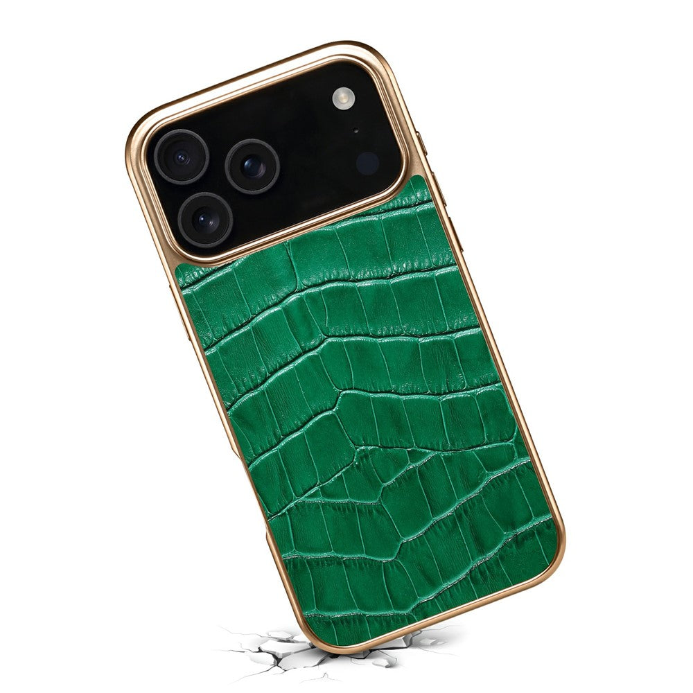 DENIOR For iPhone 17 Pro Max Case Genuine Cow Leather Crocodile Texture Electroplating Phone Cover - Green