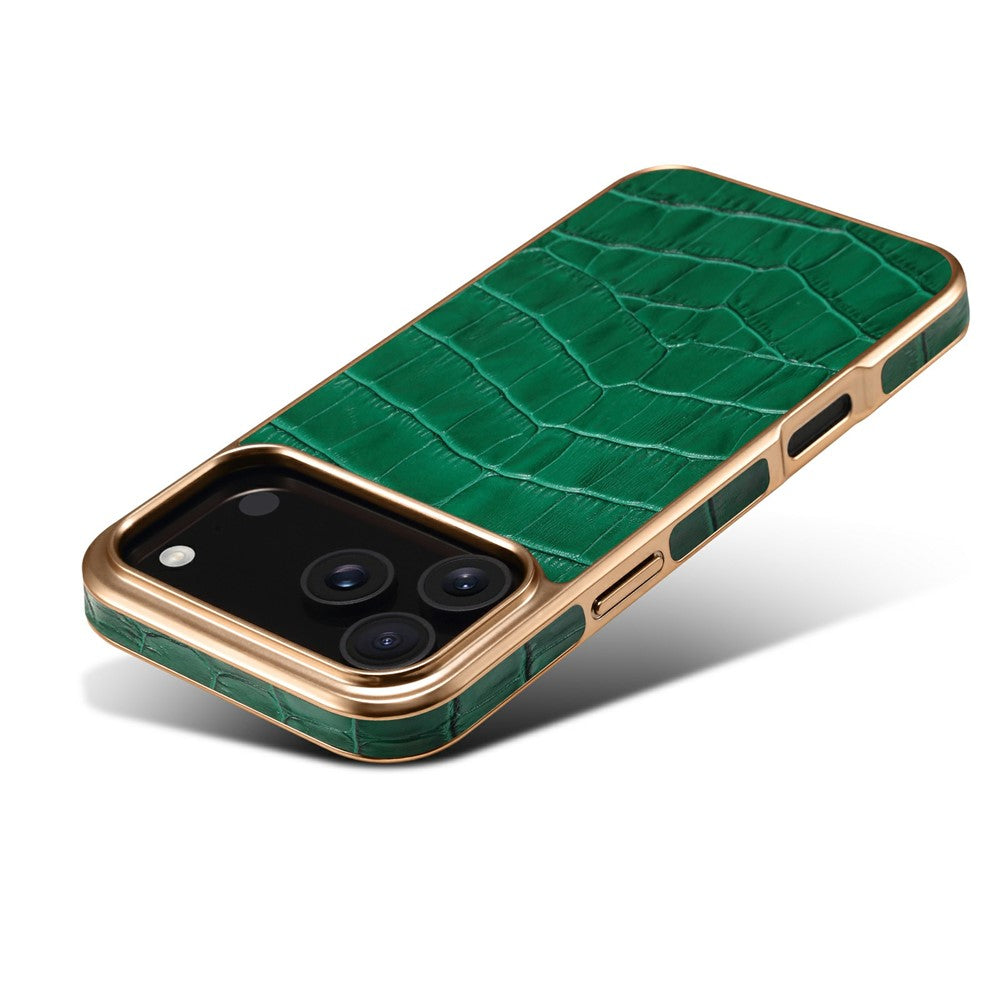 DENIOR For iPhone 17 Pro Max Case Genuine Cow Leather Crocodile Texture Electroplating Phone Cover - Green