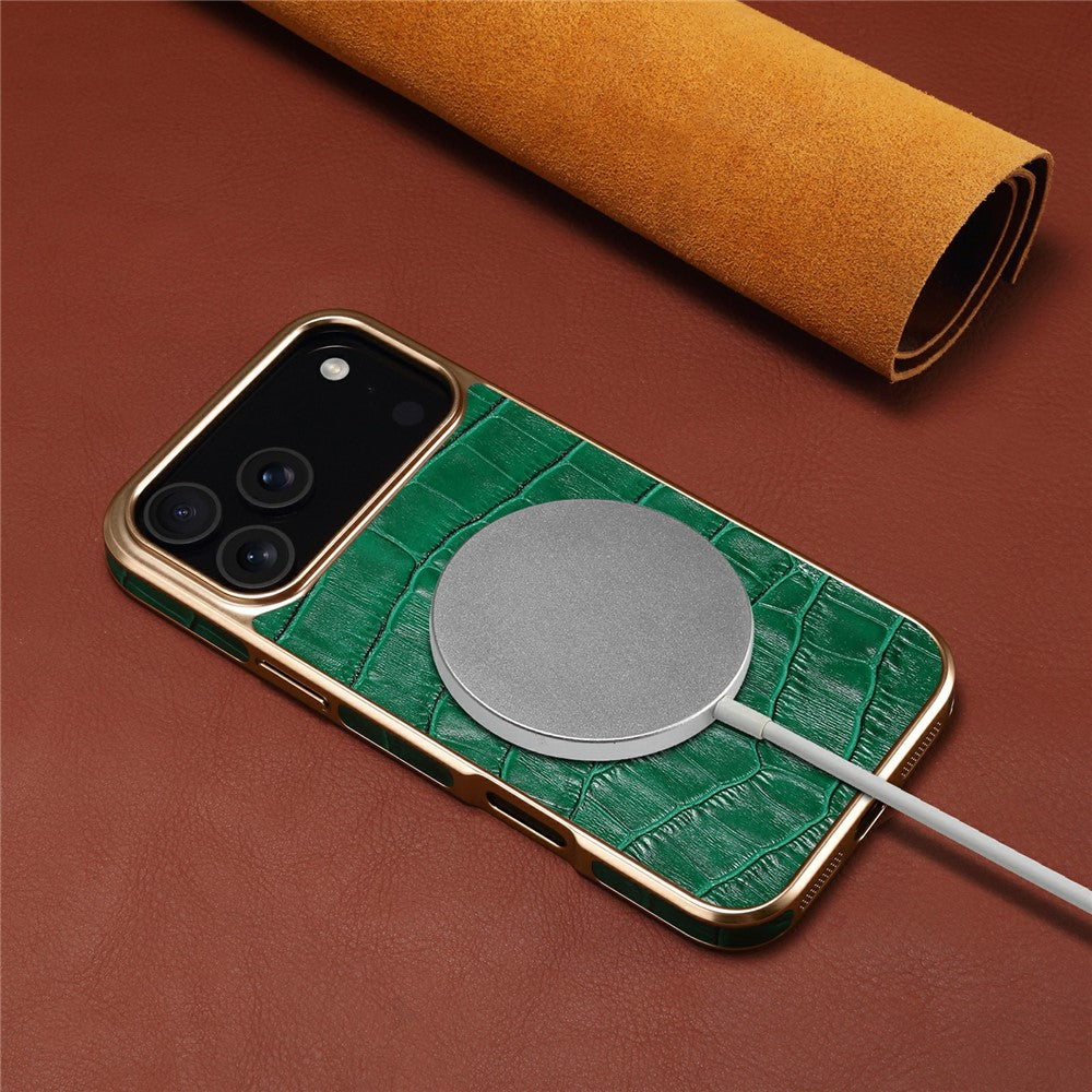 DENIOR For iPhone 17 Pro Max Case Genuine Cow Leather Crocodile Texture Electroplating Phone Cover - Green