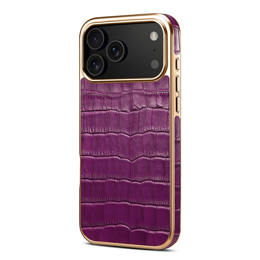 DENIOR For iPhone 17 Pro Max Case Genuine Cow Leather Crocodile Texture Electroplating Phone Cover - Purple