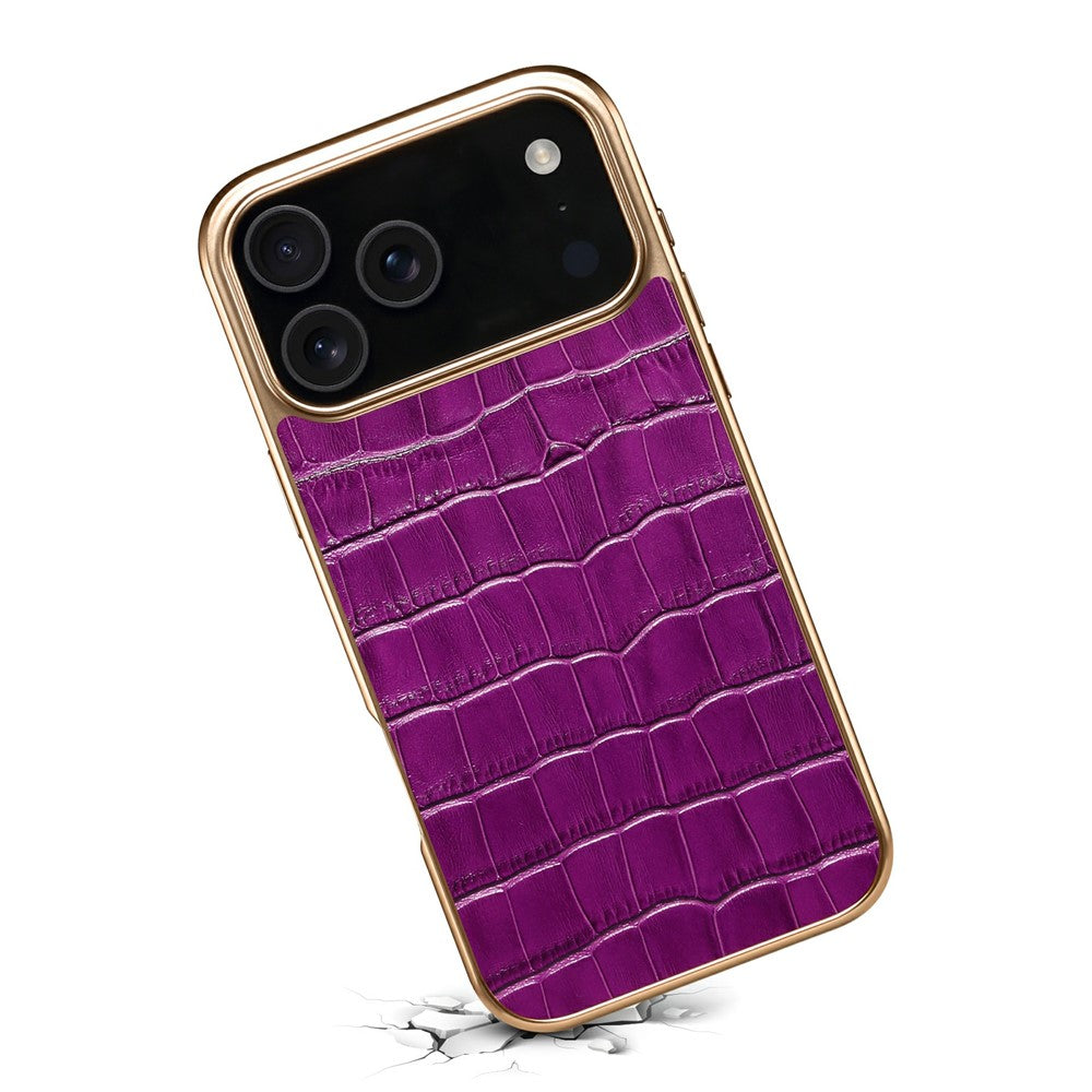 DENIOR For iPhone 17 Pro Max Case Genuine Cow Leather Crocodile Texture Electroplating Phone Cover - Purple
