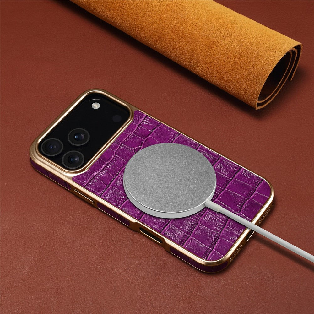 DENIOR For iPhone 17 Pro Max Case Genuine Cow Leather Crocodile Texture Electroplating Phone Cover - Purple
