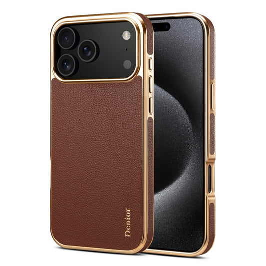 DENIOR For iPhone 17 Pro Max Case Genuine Cow Leather Coated PC + TPU Electroplating Phone Cover - Brown