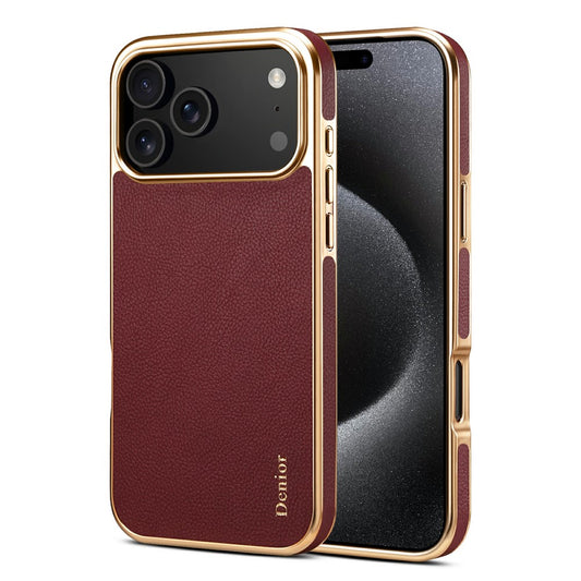 DENIOR For iPhone 17 Pro Max Case Genuine Cow Leather Coated PC + TPU Electroplating Phone Cover - Red