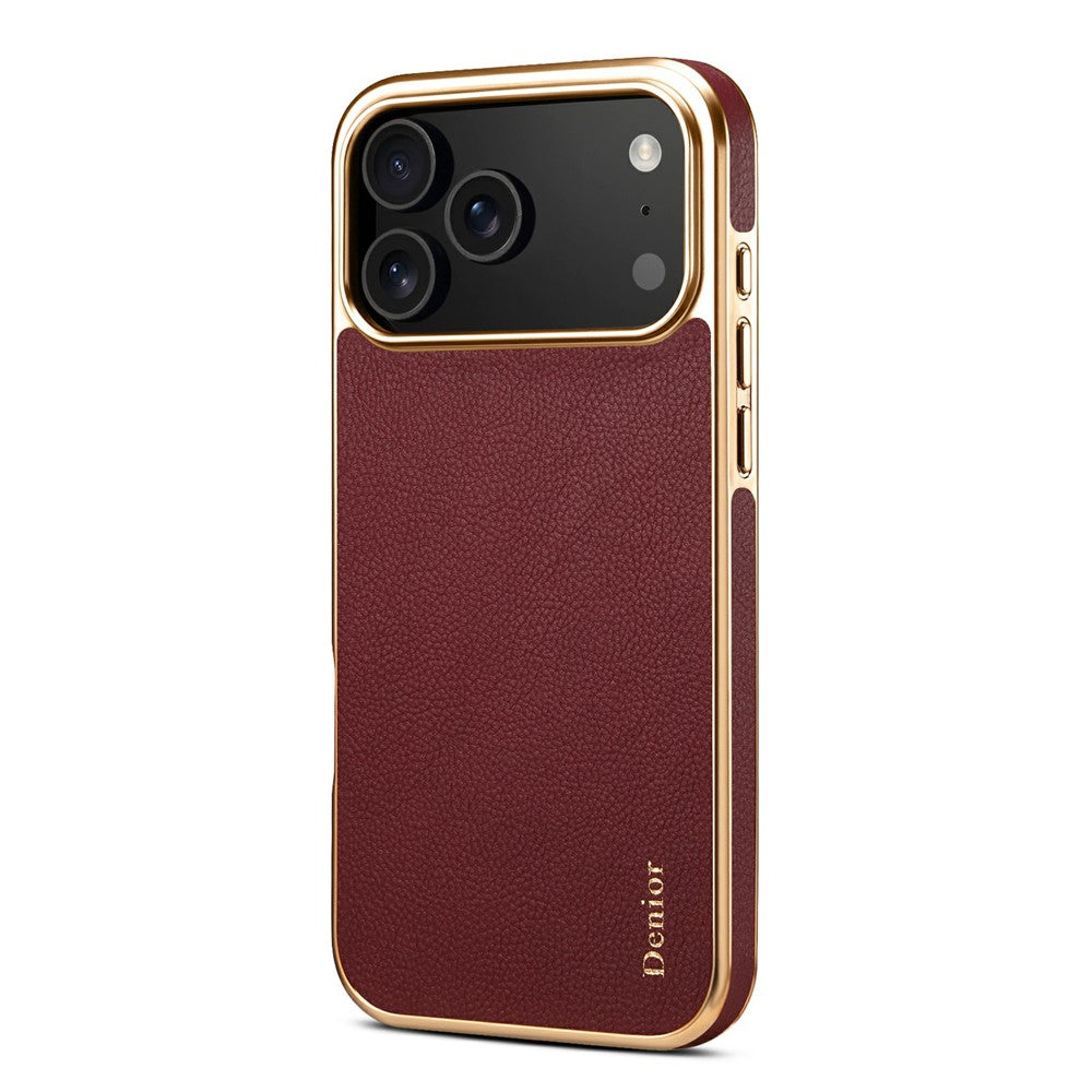 DENIOR For iPhone 17 Pro Max Case Genuine Cow Leather Coated PC + TPU Electroplating Phone Cover - Red