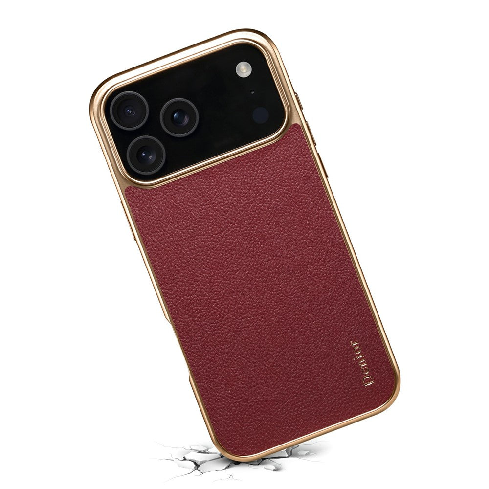 DENIOR For iPhone 17 Pro Max Case Genuine Cow Leather Coated PC + TPU Electroplating Phone Cover - Red