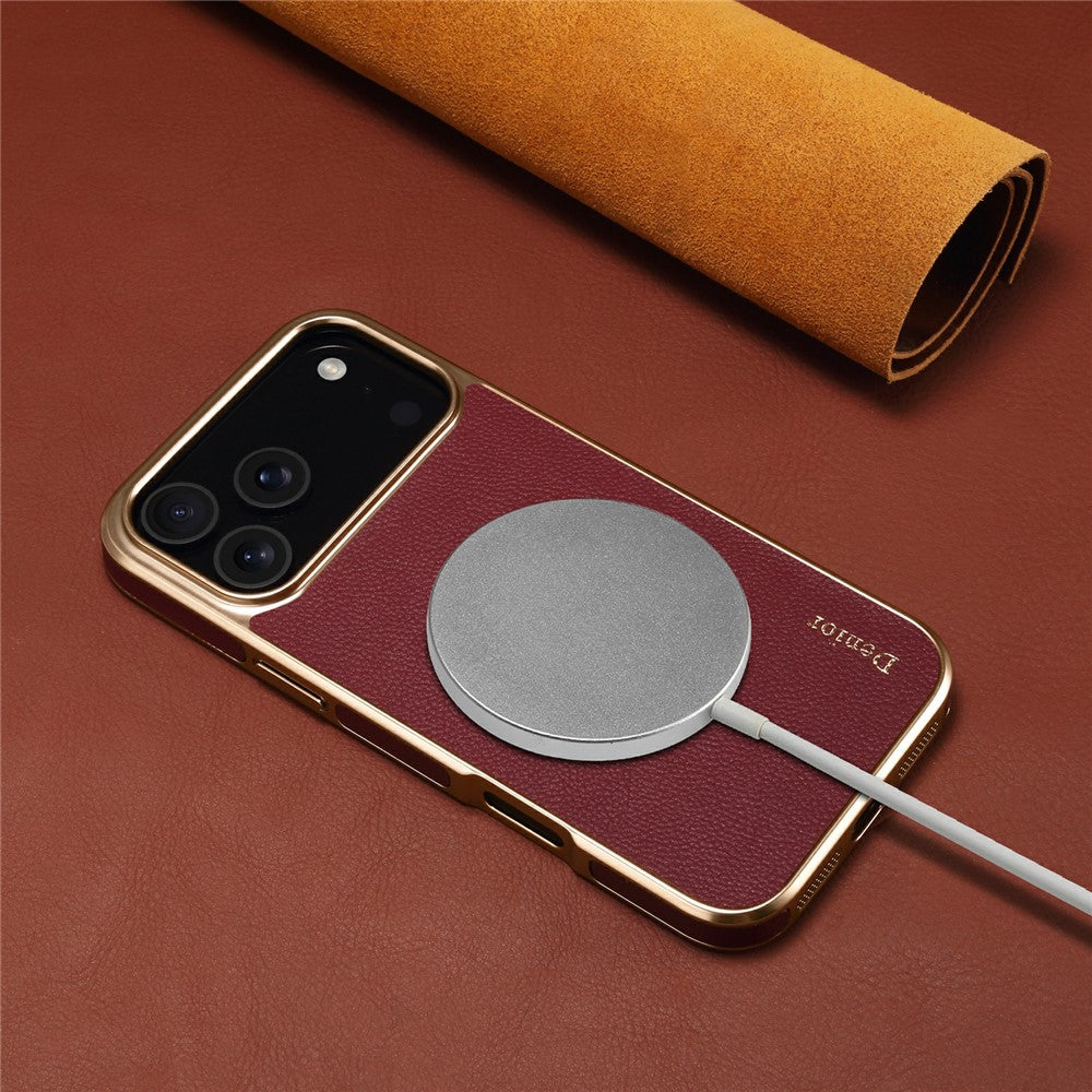 DENIOR For iPhone 17 Pro Max Case Genuine Cow Leather Coated PC + TPU Electroplating Phone Cover - Red