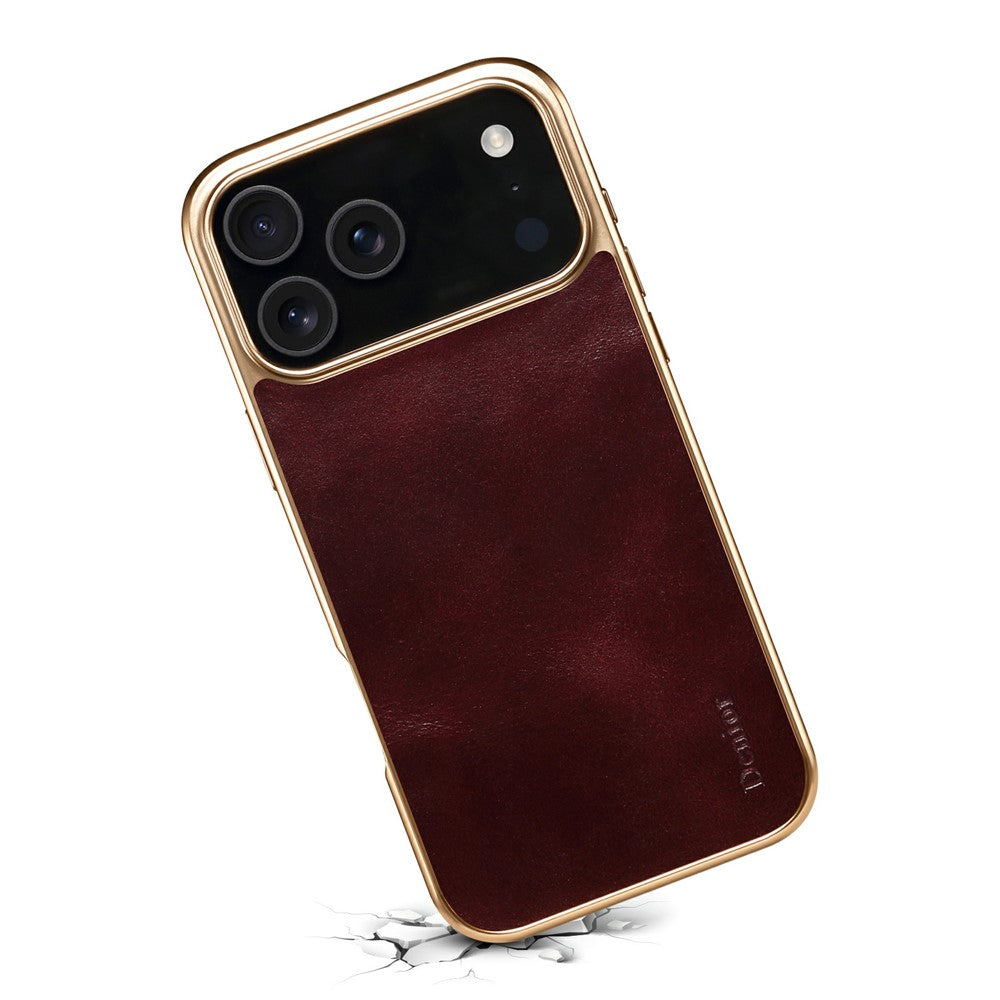 DENIOR A01 For iPhone 17 Pro Max Case Waxy Texture Genuine Cow Leather Electroplating Back Cover - Red