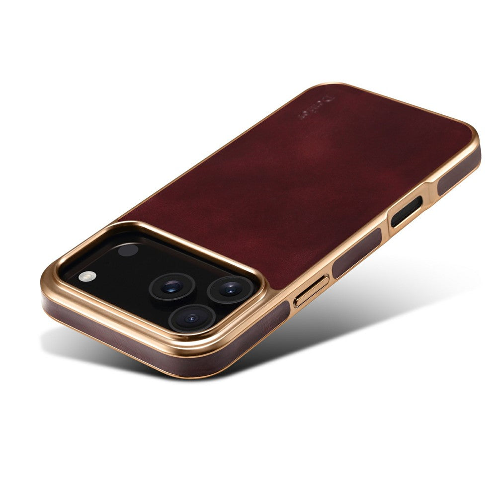 DENIOR A01 For iPhone 17 Pro Max Case Waxy Texture Genuine Cow Leather Electroplating Back Cover - Red