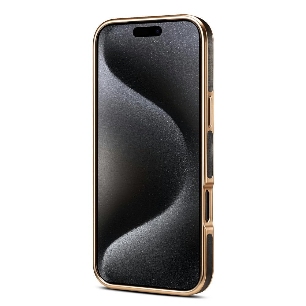 DENIOR A01 For iPhone 17 Pro Max Case Waxy Texture Genuine Cow Leather Electroplating Back Cover - Black