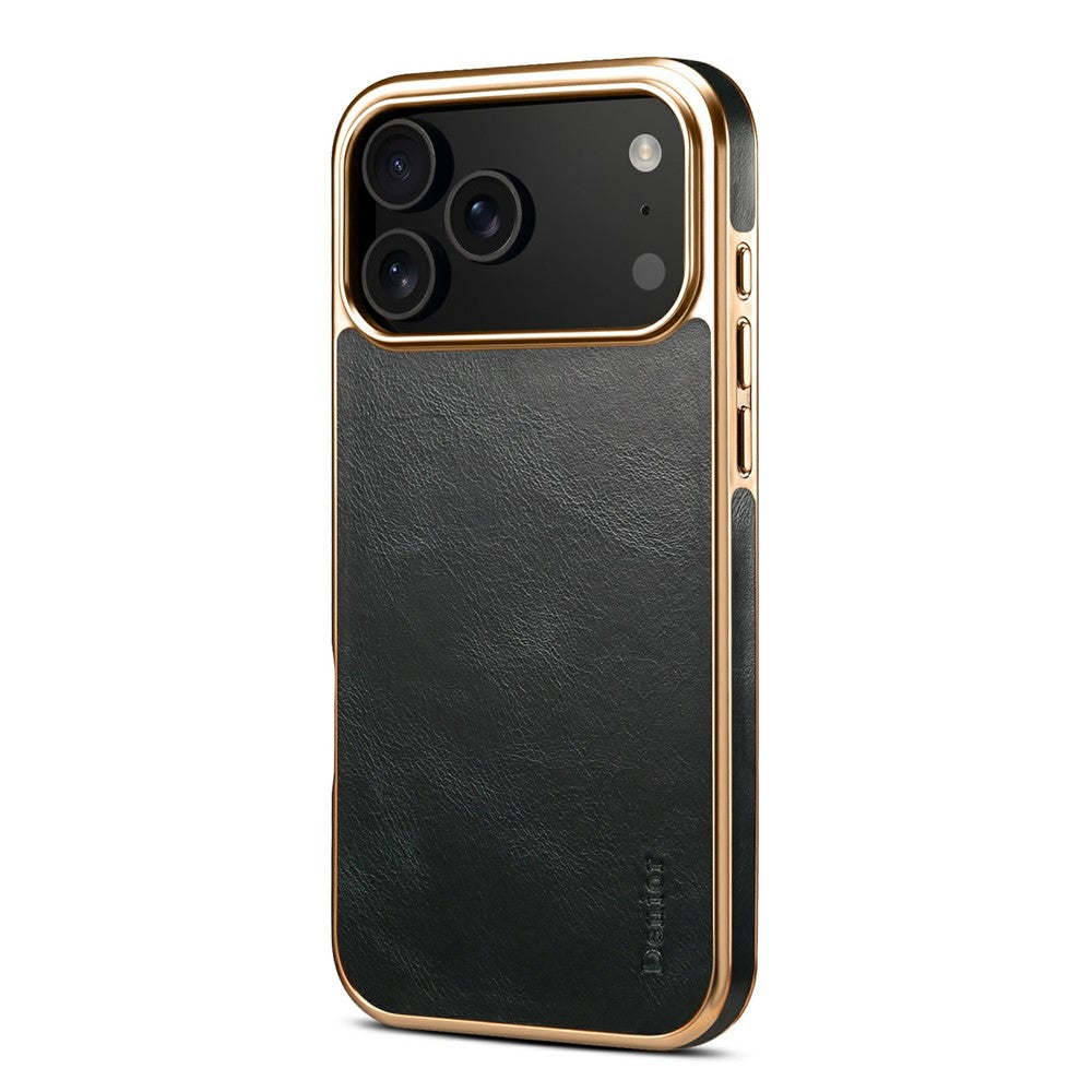 DENIOR A01 For iPhone 17 Pro Max Case Waxy Texture Genuine Cow Leather Electroplating Back Cover - Blue